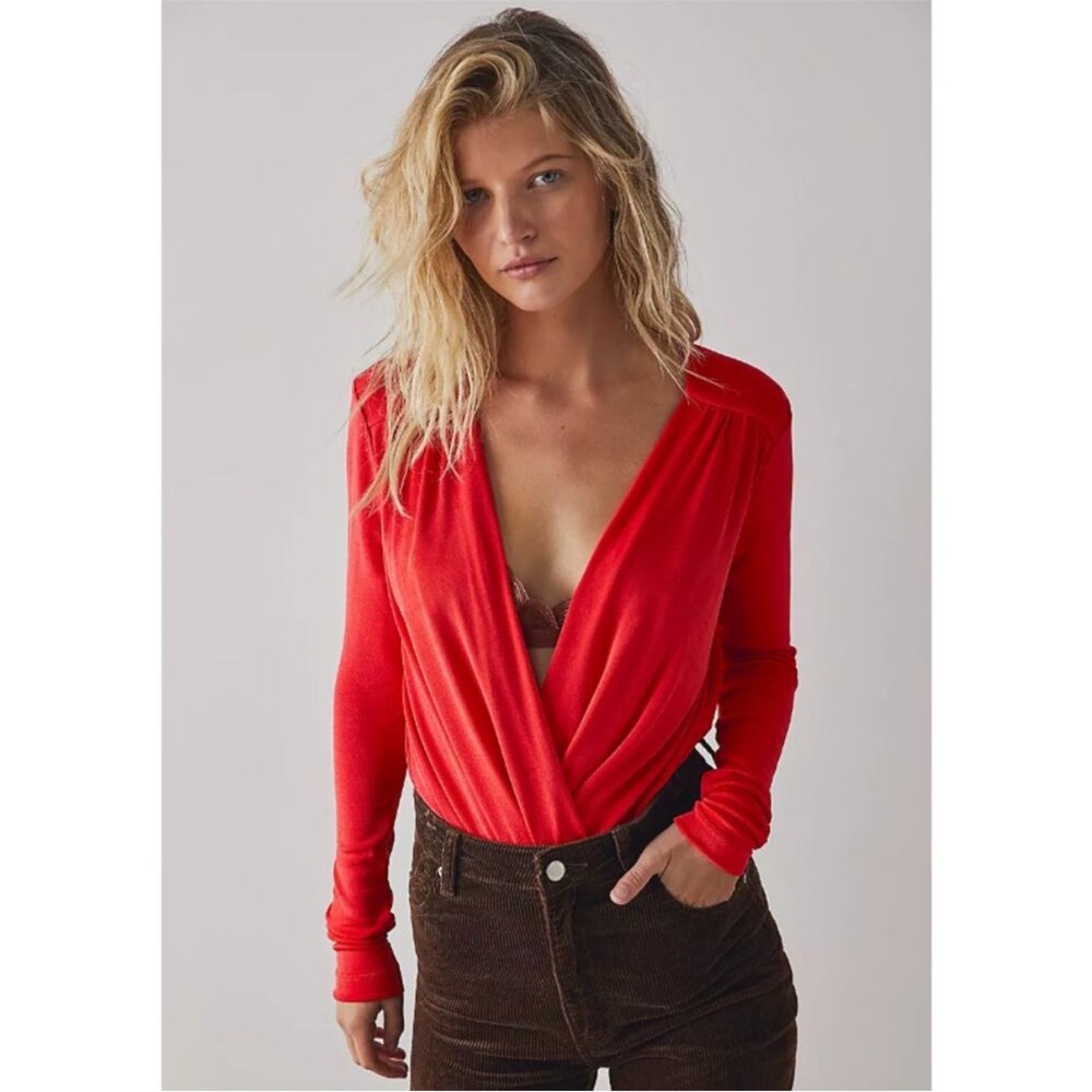 NWOT FREE PEOPLE INTIMATELY Turnt Red Long Sleeve Deep V Bodysuit